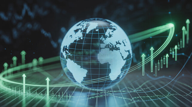 Futuristic Digital Globe with Arrow Streams and Global Financial Growth