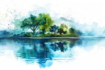 Nature, arbre et verdure, illustration style aquarelle en bleu et vert. 
