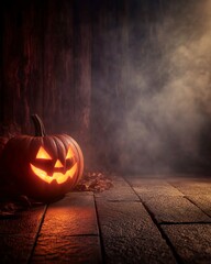 Single jack o lantern on smoky stone floor with moody shadows