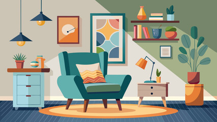 Vector art of cozy living room interior with armchair, lamp, and plants, creating a comfortable and inviting space for relaxation and leisure activities at home