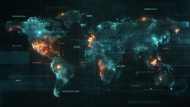 Digital world map showing global connections and data analysis