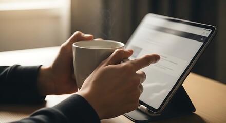 Relaxing at home with tablet and morning coffee during weekend time