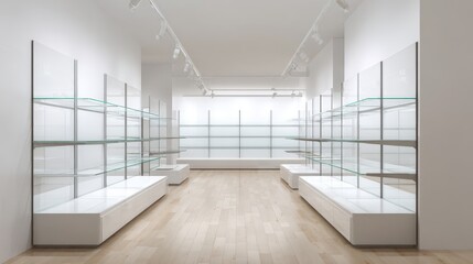 Obraz premium Modern Retail Space with Empty Glass Shelves and Clean White Interior for Product Display