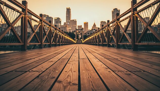 Wooden Bridge Leading to City Skyline