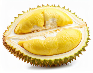 Fototapeta premium Durian fruit close up creamy flesh yellow pulp spiky shell tropical fruit isolated white background juicy fresh, enticing