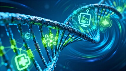 DNA strand with digital icons representing technology and healthcare innovations