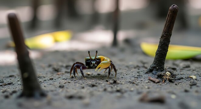 Fiddler crab on muddy mangrove floor.