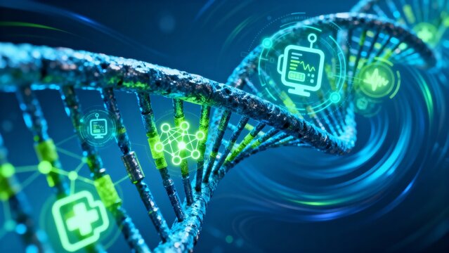 DNA strand with digital icons representing technology and healthcare innovations