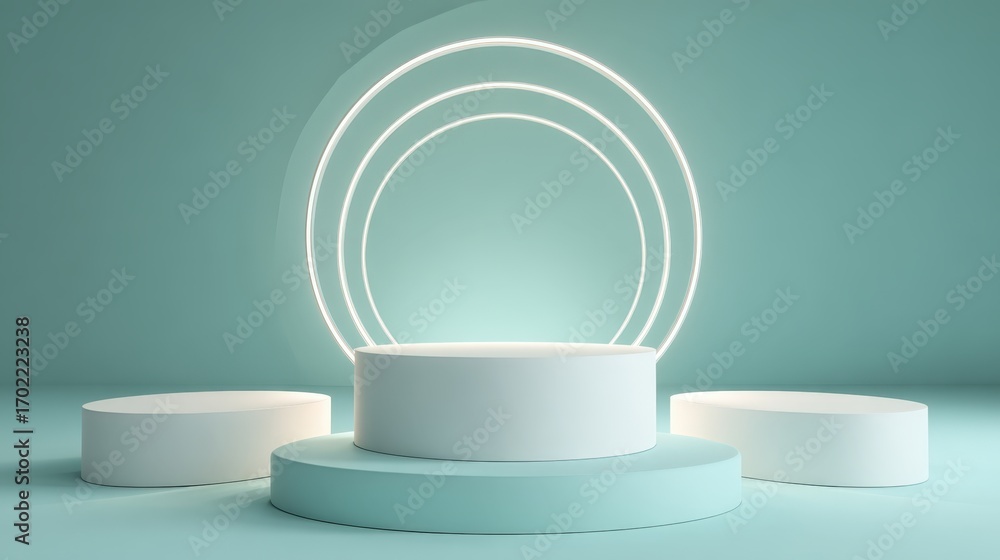 Poster minimalist presentation stage: 3d render of podium with neon rings for product display