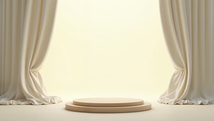 A stage with two white curtains and a round podium.