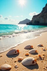 Obraz premium Seashells scattered across a sun-kissed beach, gentle waves lapping the shore, a tranquil scene of natural beauty perfect for relaxation and contemplation , coast, oceanside
