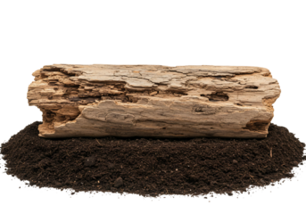 Weathered log on soil with transparent background