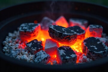 Close-up shot of glowing charcoal embers in a barbecue grill, radiating intense heat perfect for grilling The hot coals are surrounded by ash, ready for cooking , culinary, backyard, detail