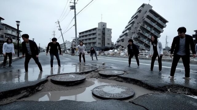 傾いたマンションの前で液状化現象に驚く人々