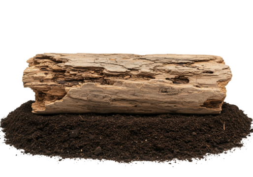 Weathered log on soil with transparent background