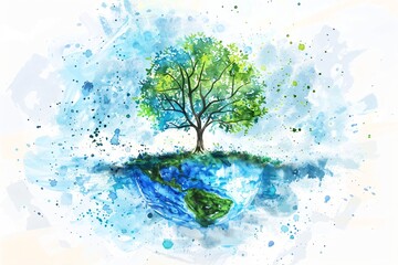 Nature, arbre et verdure, illustration style aquarelle en bleu et vert. 