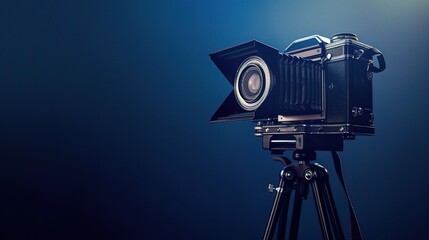 Vintage Camera on Wooden Tripod Isolated in Moody Dark Blue Studio Lighting, 3D Rendered Realistic Illustration.