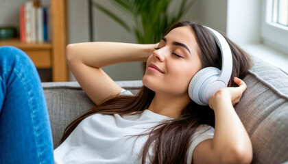 Fototapeta premium Young woman with eyes closed and hands behind head sitting on sofa wearing white over-ear headphones.
