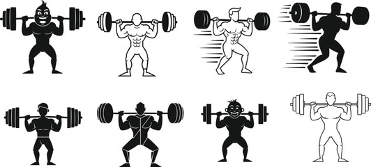 Muscular man weightlifting, bodybuilding exercise, heavy barbell training, strength workout, fitness motivation, powerlifting, gym training, athletic performance, muscle building, gym silhouette