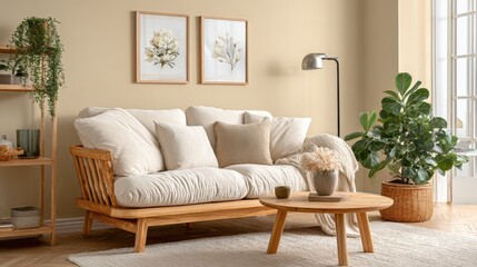 Cozy Living Room Interior with Natural Wood Sofa, Plants, and Earthy Tones for Relaxation