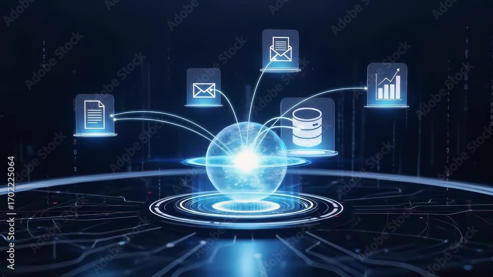 Aufkleber ai agent automating workflow with data, email, analytics, and document connecting to a glowing netwo