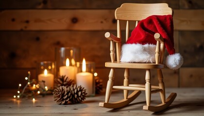 Fototapeta premium Wooden rocking chair adorned with Santa hat and candles for Christmas 
