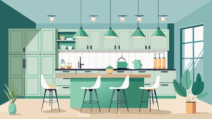 Vector art of bright kitchen interior with island, bar stools, and ample natural light, creating a welcoming space for cooking, dining, and entertaining guests