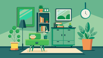 Vector art of stylish green living room interior with furniture, potted plants, and decor, creating a comfortable and inviting home environment