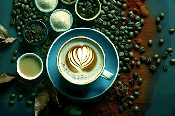 Coffee art creation in a cozy coffee setup with beans and spices in the afternoon light