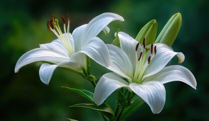 Obraz premium Two white lilies, delicate petals, vibrant stamens, blurred green background
