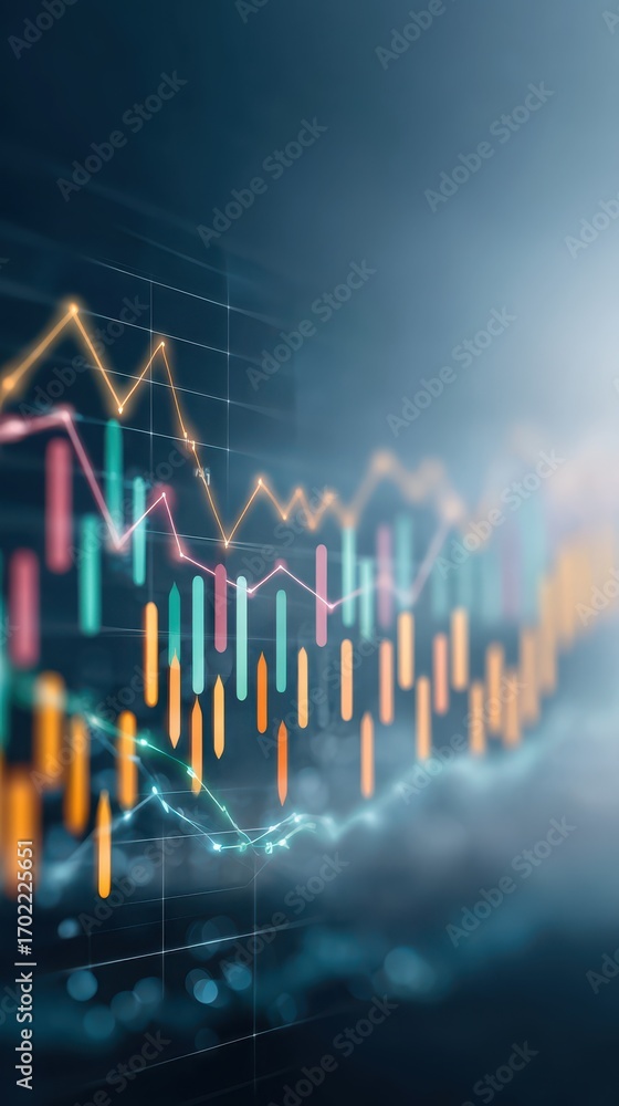 Poster neon digital finance interface showing volatility in market analysis with colorful charts and graphs