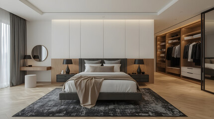 A luxurious modern bedroom with a king-size bed, vanity, and walk-in closet.