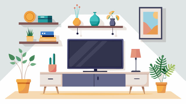 Vector art of bright living room interior with tv, shelves, plants, and decorative objects, creating a modern and stylish space for relaxation and entertainment