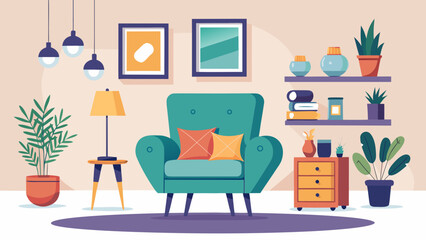 Vector art of cozy living room interior with armchair, plants, and decor, creating a warm and inviting space for relaxation and comfort in a stylish home