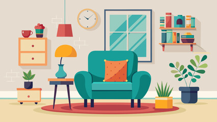Vector art of cozy living room interior with armchair, plants, and furniture, creating a welcoming and comfortable space for relaxation and enjoyment