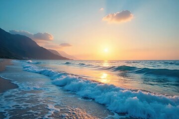 Vast, tranquil ocean stretching to the hazy horizon line Sun-kissed waves gently roll towards the distant, indistinct land Perfect for travel, nature, and serenity themes , horizon line, reflection