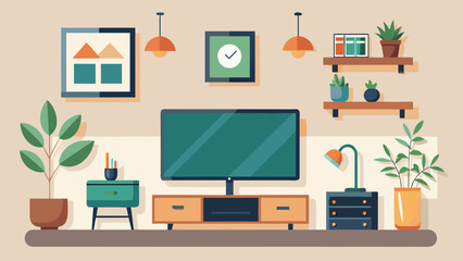 Vector art of modern living room interior with tv, plants, and stylish decor, creating a comfortable and inviting space for relaxation and entertainment
