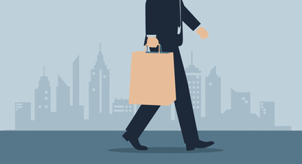 Obraz premium A Businessman Walks In The City While Holding A Shopping Bag For Shopping Or Work