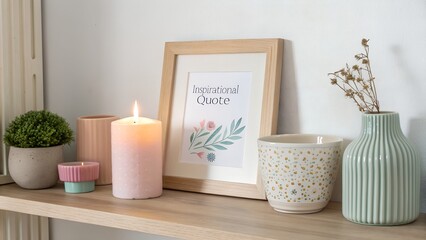 inspirational quote frame with lit candle and decorative vases on wooden shelf