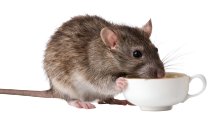 A cute brown rat drinking from a small white cup, showcasing its playful nature and curiosity. The image captures the rat's detailed fur and whiskers against a white background.