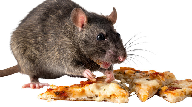A close-up view of a brown rat sitting beside pieces of pizza. The rat is nibbling on the food, showcasing its whiskers and furry coat against a white isolated background. - Powered by Adobe