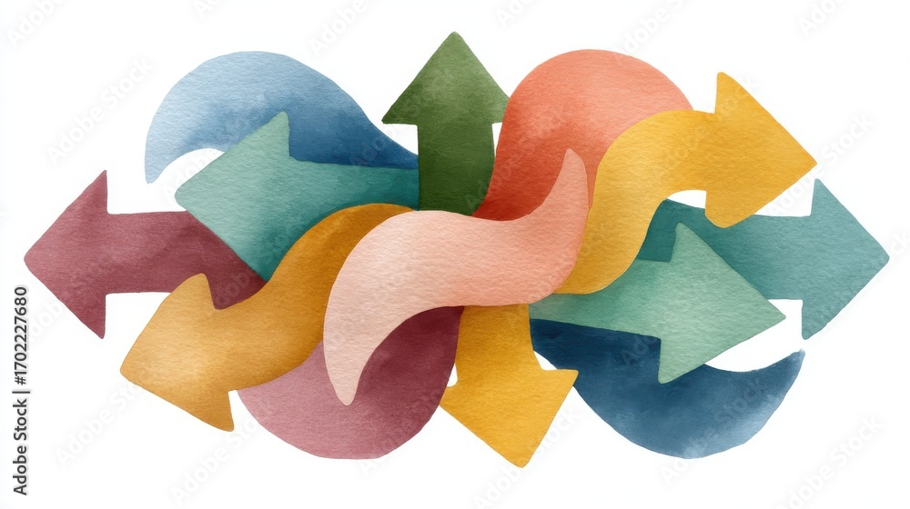 Poster abstract watercolor illustration of arrows and symbols representing concepts related to blockchain t