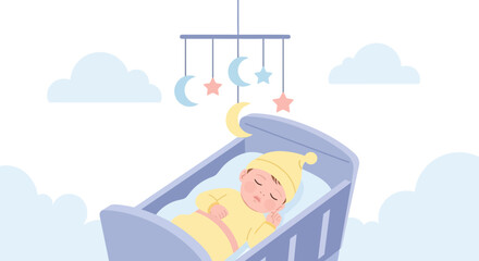 Adorable sleeping baby in crib with hanging mobile, illustration of a calm scene