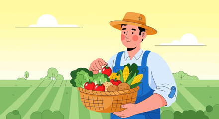A farmer holding a basket of harvested vegetables in his field on a sunny day