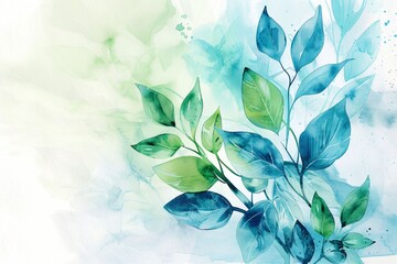 Nature, arbre et verdure, illustration style aquarelle en bleu et vert. 