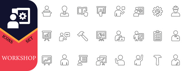 Professional workshop icon set featuring training, presentation, teamwork, tools, and business symbols, perfect for corporate, education, and project design use.