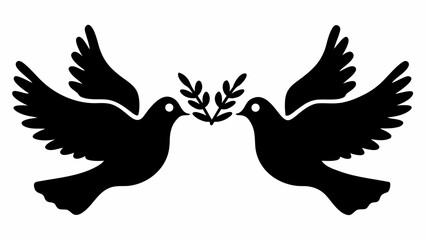 Obraz premium Two black silhouette doves facing each other holding an olive branch in their beaks on white background
