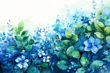 Nature, arbre et verdure, illustration style aquarelle en bleu et vert. 