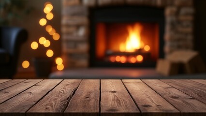 A wooden table top with a fireplace in the background.