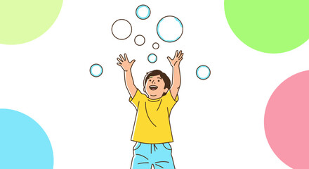 Fototapeta premium A joyful child plays and reaches for bubbles in this vibrant illustration of happiness